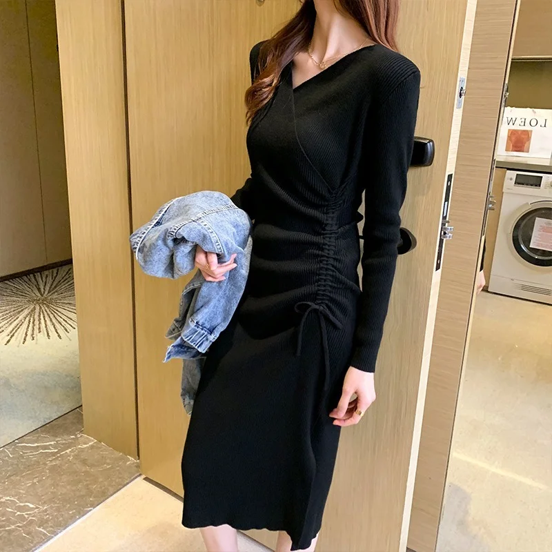

Elegant V-neck Long Sleeve Bandage Drawstring Dress Women Korean Fashion Solid Color Maxi Knitted Dresses Party Autumn Winter