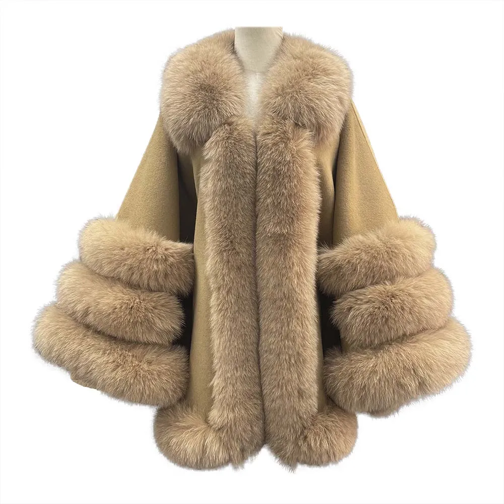 

JANEFUR Women's Poncho with Real Fur Trim 2023 Luxury Elegant Natural Fox Fur Collar Wool Cape Coat Free Shipping