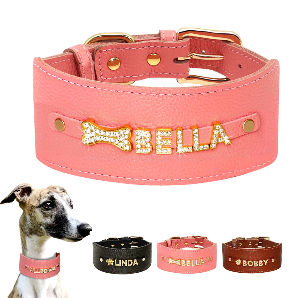 Personalized Dog Collar Bling Rhinestone Leather Pet Collar For Small Medium Dogs Greyhound Wide Custom Necklace Free Name Charm