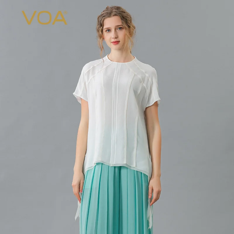 

VOA Georgette Mulberry Silk Tops Tea White O-neck Woman Tshirts Embroidery Pair of Silk Craft Short-sleeved Silk T-shirt BE1075