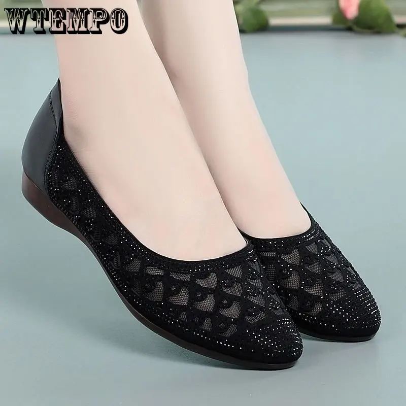 WTEMPO Summer Pointed Toe Women Shoes Fashion Light Weight Mesh Breathable Hollow Out Flat Shoes Lady Shoes Zapatos Wholesale
