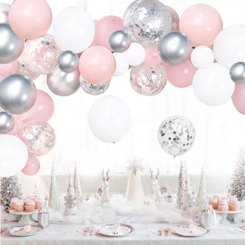 

100pcs Silver Pink Confetti Metallic Latex Balloons Garland Kit for Girl Baby Shower Birthday Party Wedding Anniversary Decor