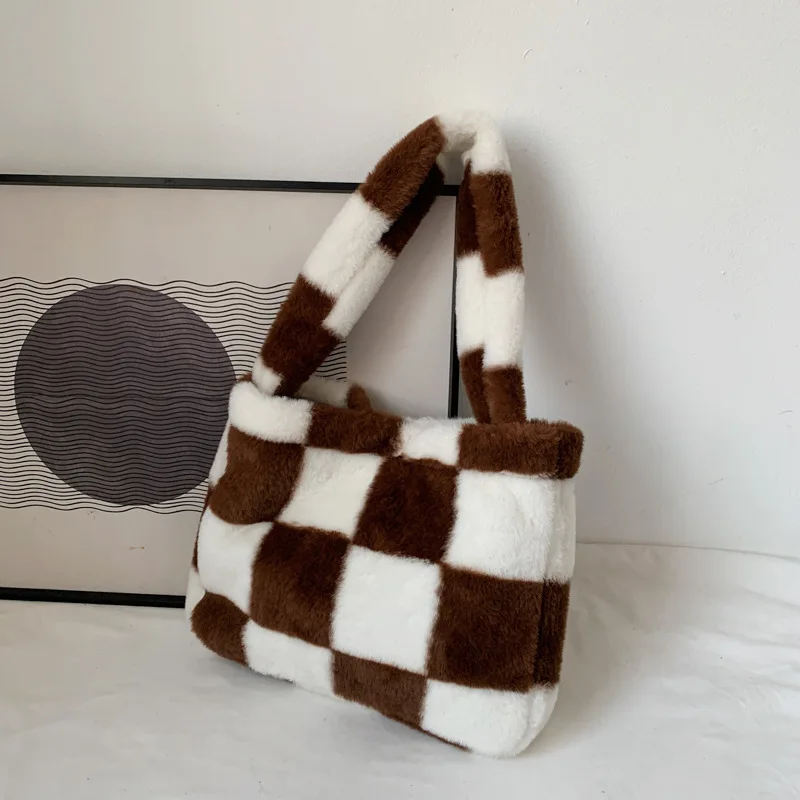 

Plush Women's Bag Large Capacity Travel Female Designer Handbags Winter Warm Cute Soft Tote Shoulder Shopper Bags For Women