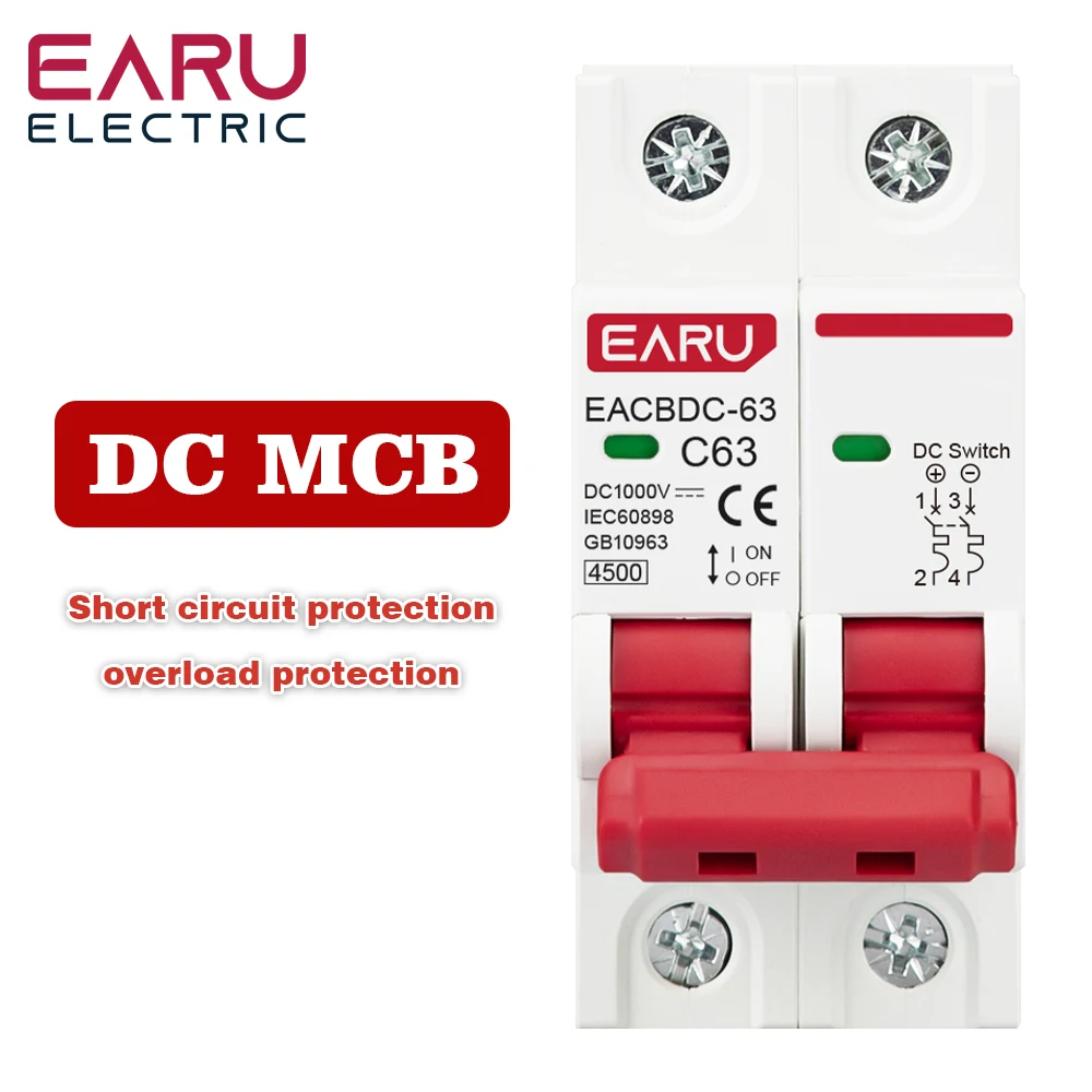 

2P DC 1000V Солнечный мини-выключатель защиты от перегрузки 6A 10A 16A 20A 25A 32A 40A 50A 63A DC1000V Фотоэлектрический MCB PV