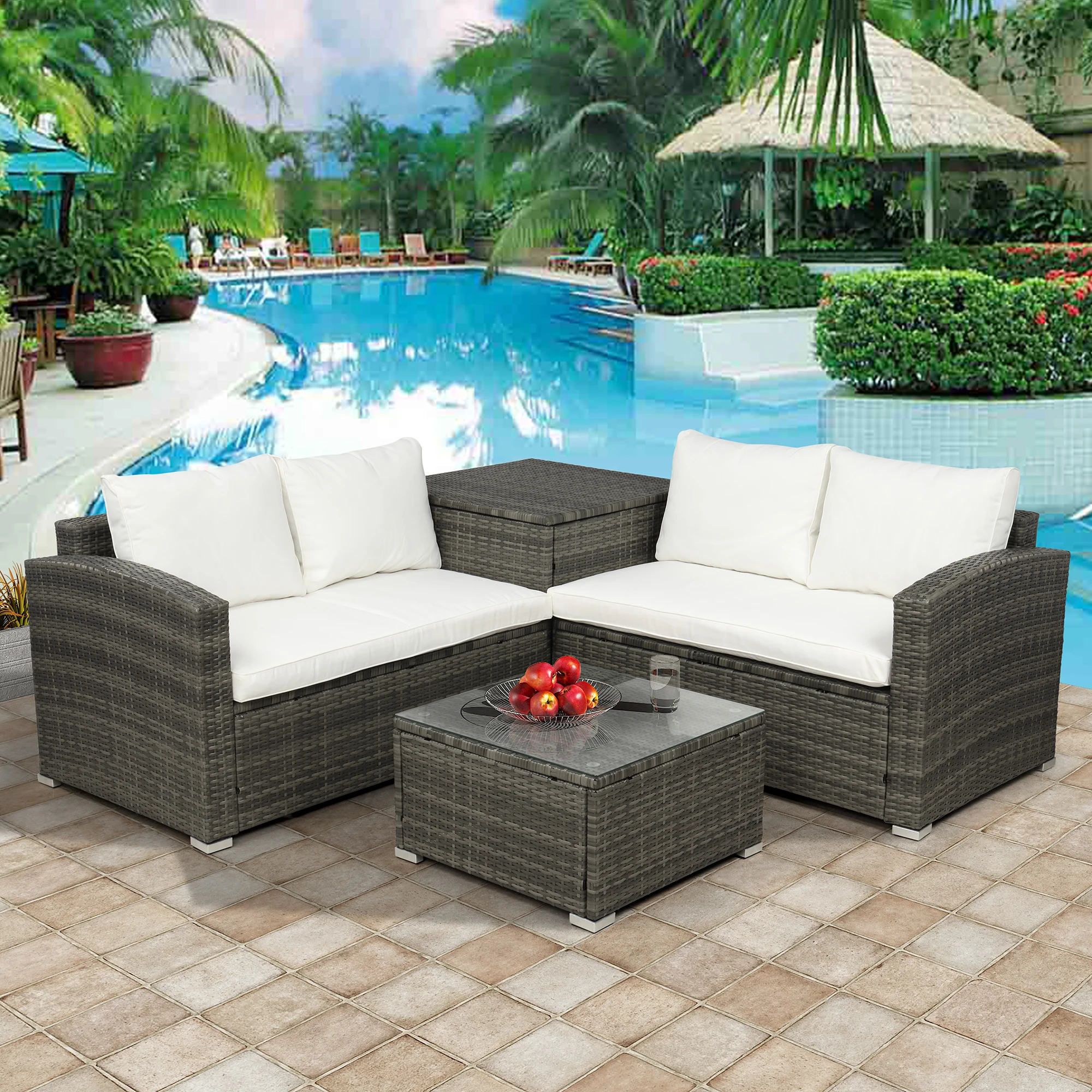 

4 PCS Outdoor Cushioned PE Rattan Wicker Sectional Sofa Set Garden Patio Furniture Set (Beige Cushion)