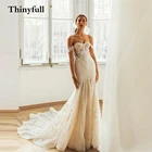 Thinyfull длинные кружевные пляжные свадебные Платья с цветочным принтом с длинным рукавом с открытыми плечами сердечком принцессы Бохо платья невесты 2022