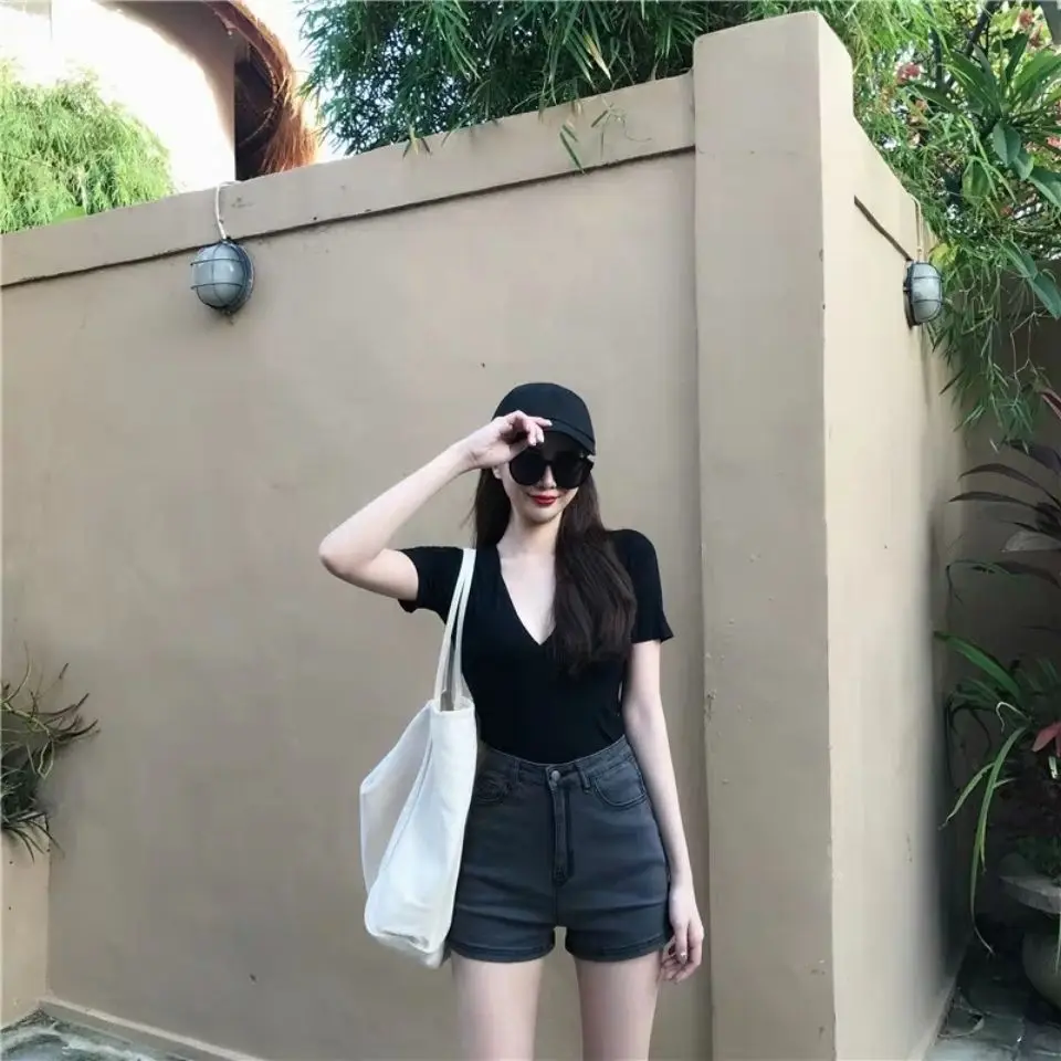 

Summer Korean version chic slim retro v-neck all-match t-shirt sunscreen shirt scheming short-sleeved t-shirt women's top