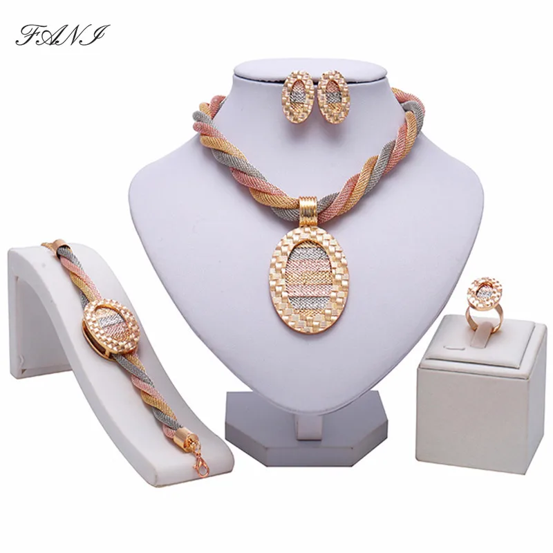 

Fani Nigerian Women Wedding Bridal Jewelry Sets Wholesale Dubai Gold Plated Necklace Earrings Bracelet Ring Jewellry