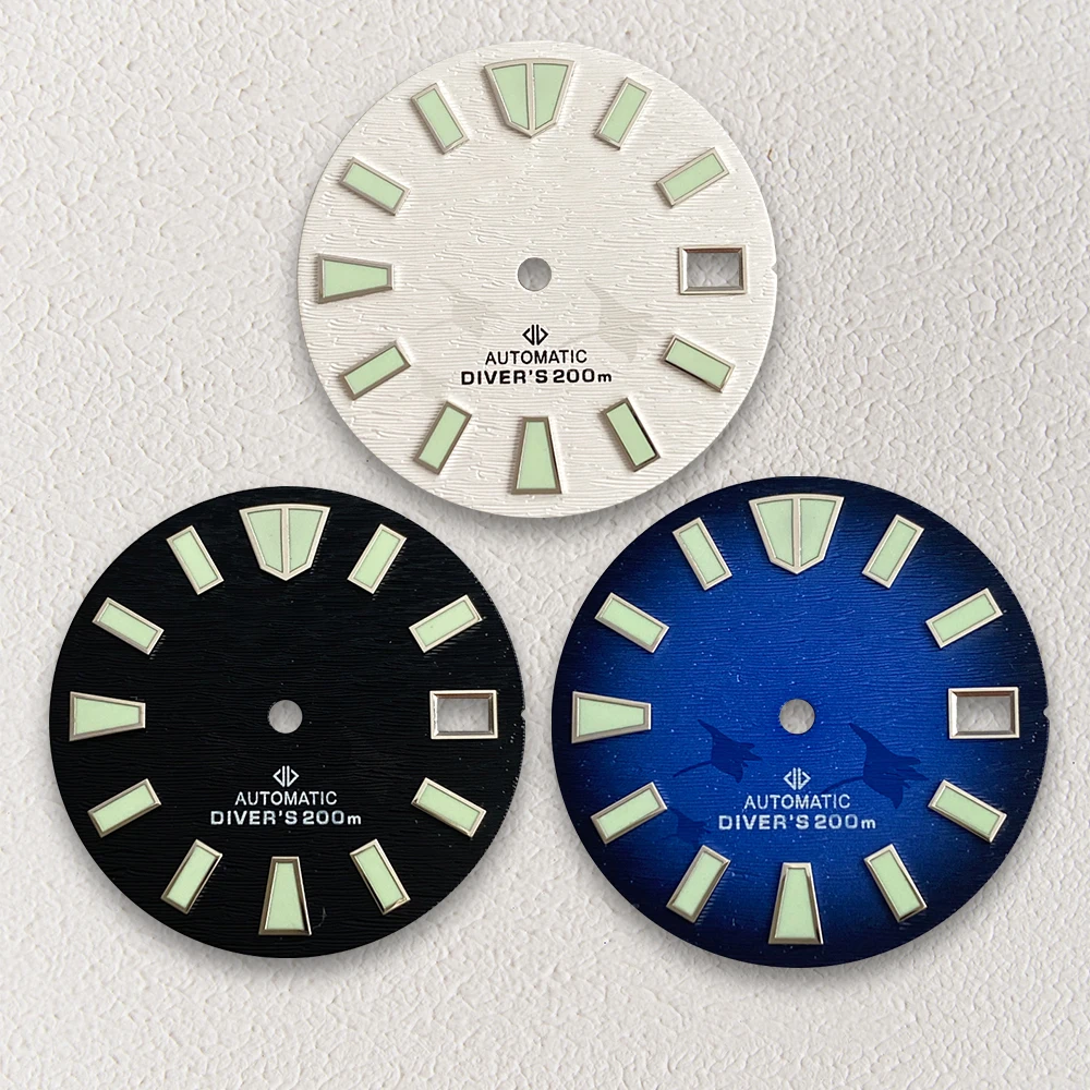 

28,5 мм S логотип текстура узор градиент синий циферблат подходит для NH35/NH36/4R/7S механизм C3 сильный зеленый светящийся Часы Аксессуары