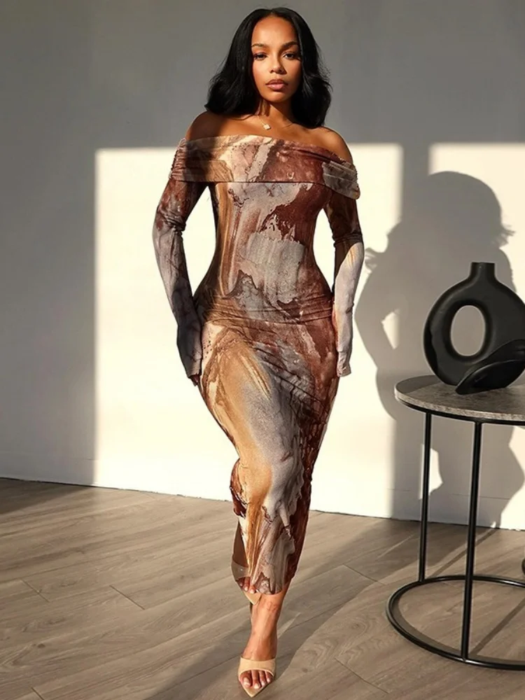 Сексуальное платье с принтом для женщин облегающее открытыми плечами одежда