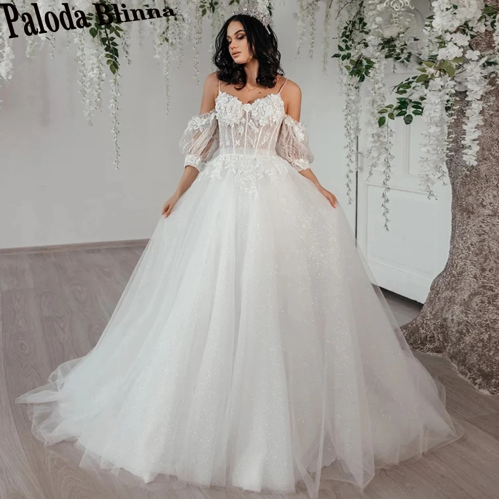 

Paloda Glitter Flowers Wedding Dresses 2023 Bride Lace Up Pleat Spagetti Straps Vestido De Casamento Robe De Mariée Plus