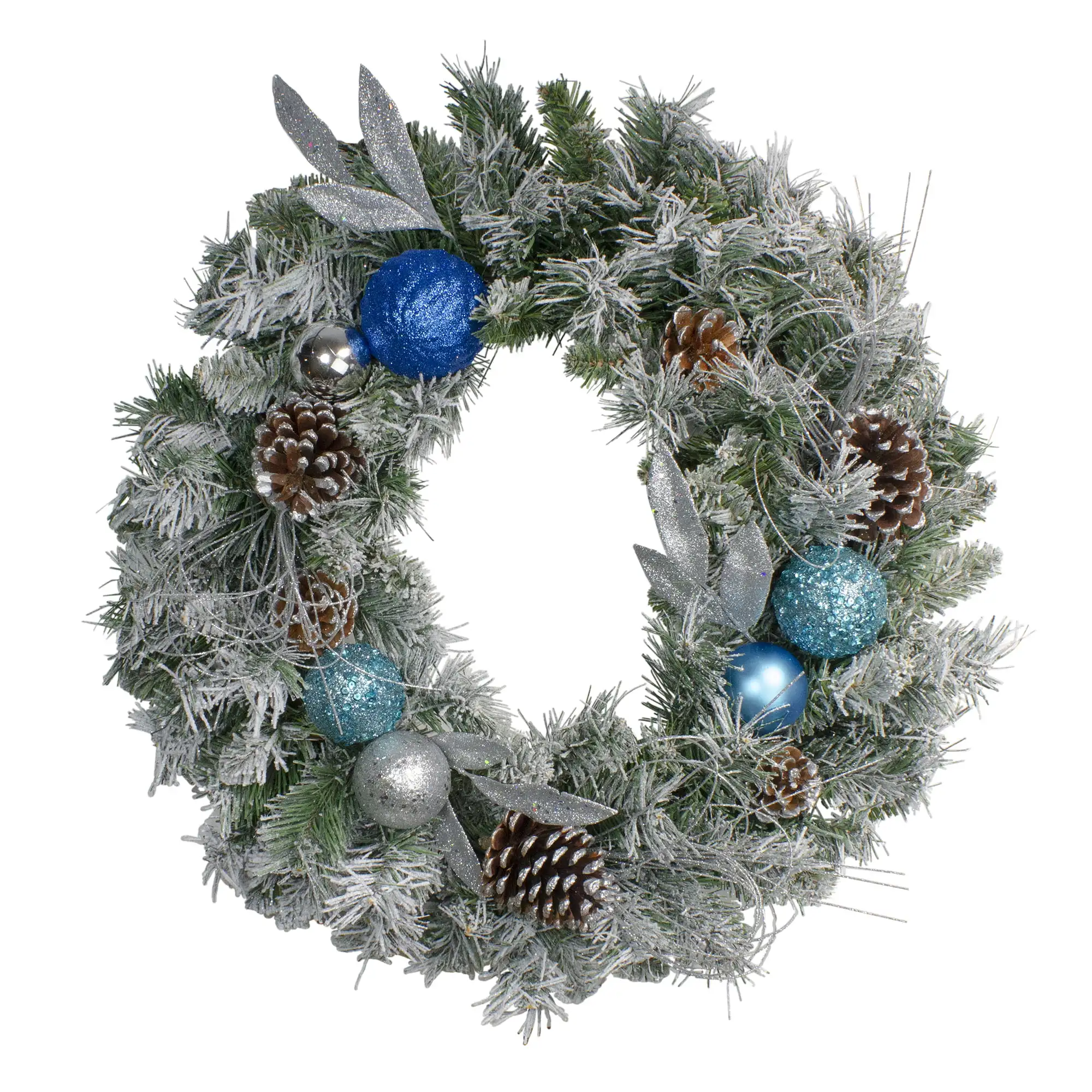 

24" Teal and Silver Ball Flocked with Pine Cones Artificial Christmas Wreath - Unlit