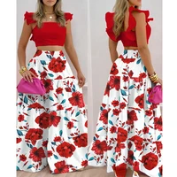 women slim floral print suit summer spaghetti strap square collar top pleated stitching high waist skirt suit women 2 piece suit