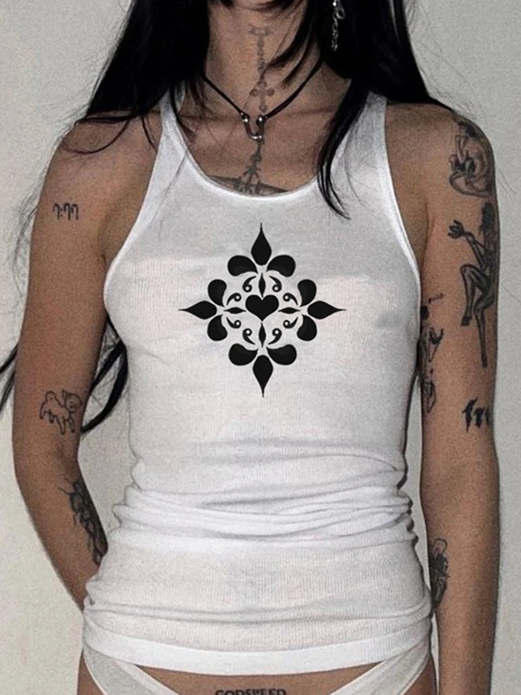 

Fashion Chic Print Slim Tank Top Women Summer Round Neck Sleeveless White Vest Streetwear Ribbed Casual Female Tops 2022