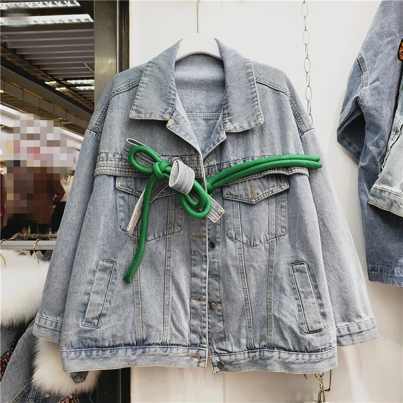 

Vintage Contrasting Bow Decoration Light Blue Denim Jacket Spring Women Loose Casual Harajuku Chaqueta Mujer Lapel Long Sleeve