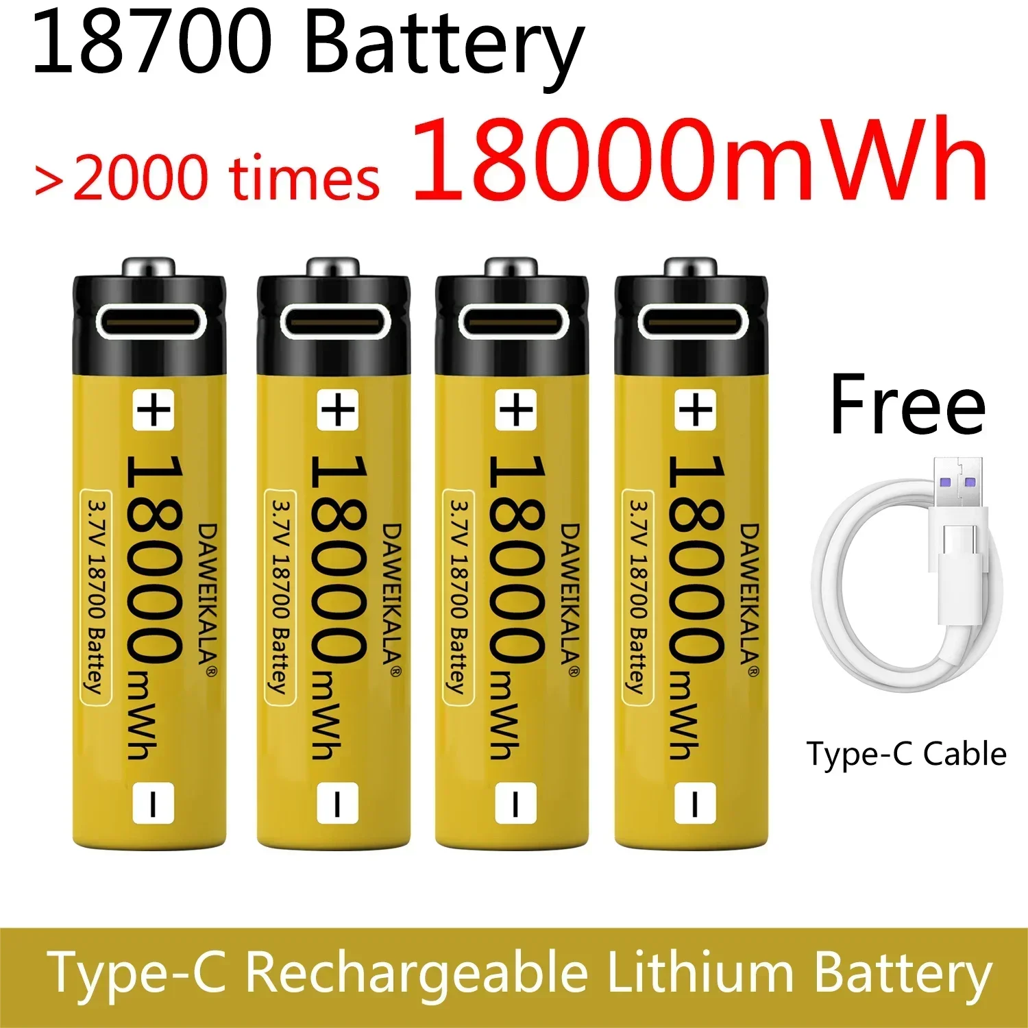 Фото Daweikala 18650 Батарея USB Type-C 18700 3,7 В 18000 МВтч USB Литий-ионная аккумуляторная батарея для фонарика Электрический мобильный телефон Игрушка №2