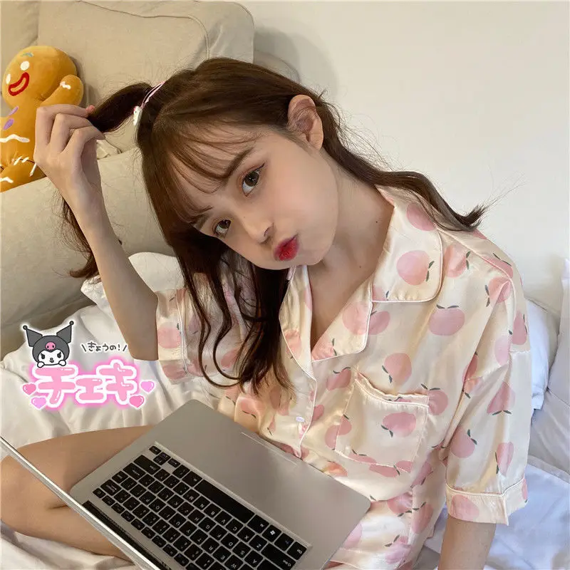 Korean Pajamas for Women 2021 New Summer Silk Pyjamas Girls Sweet Print Sleepwear Kawaii Lapel Home Suit Soft Loose 2 Piece Sets