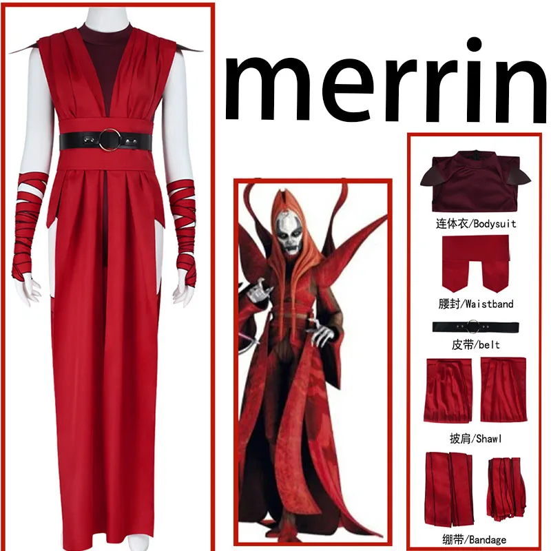 Фото WHH Classic Movie Nightsister Merrin ‌   Костюм для косплея, темно-красный костюм, красное платье, аксессуары для женщин, Хэллоуин, карнавал №1