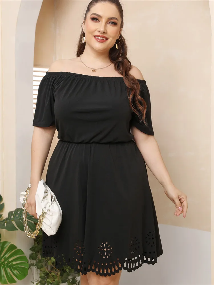 

Spring Dresses for Women 2022 Plus Size Black Midi Dress Elegant Slash Neck Solid Casual Dresses Ladies Largest 4XL 3XL XXL L