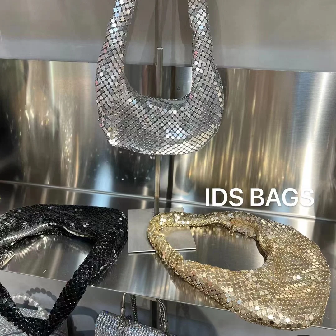 

Luxury Bling Shiny Sequined Crescent Bag Silver Gold Metal Mesh Evening Bag Dinner Party Clutch Purse Shoulder Underarm Bag