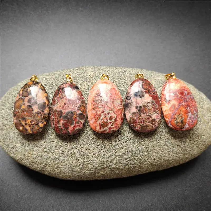 

FUWO Reiki Healing Red Sakura Agate Pendant,18K Gold Plated Copper Natural Madagascar Banded Jewelry For Necklace Making PD400