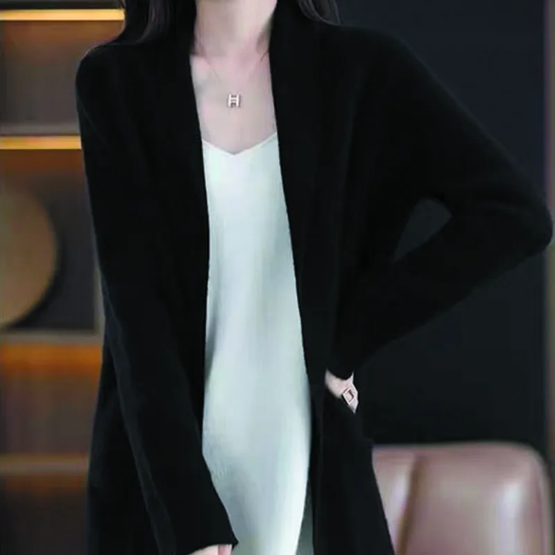 Женский осенне-зимний новый стиль вязаный кардиган средней длины шерстяная