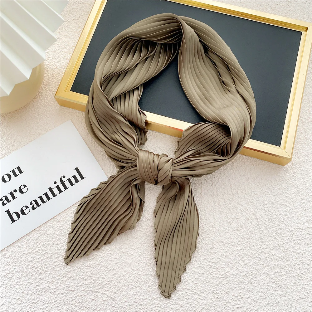 Square Scarf Silk Pleated Neck Scarves Headscarf Small Scarves Solid Color Crinkled Hair Scarf Satin Neckerchief 70cm Soft Decor