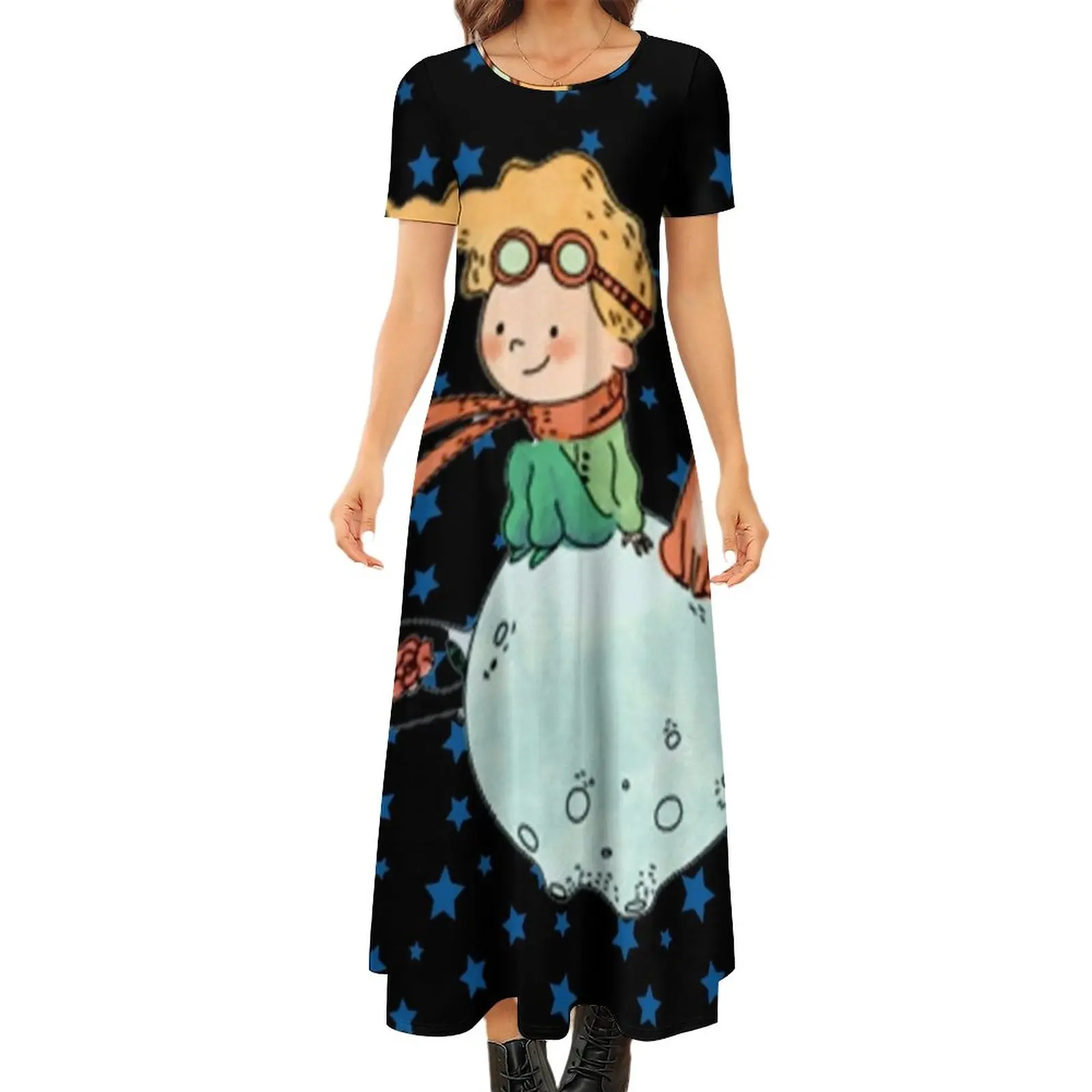 

The Little Prince Dress Stars And Fox Print Kawaii Maxi Dress Street Wear Boho Beach Long Dresses Short Sleeve Big Size Clothing