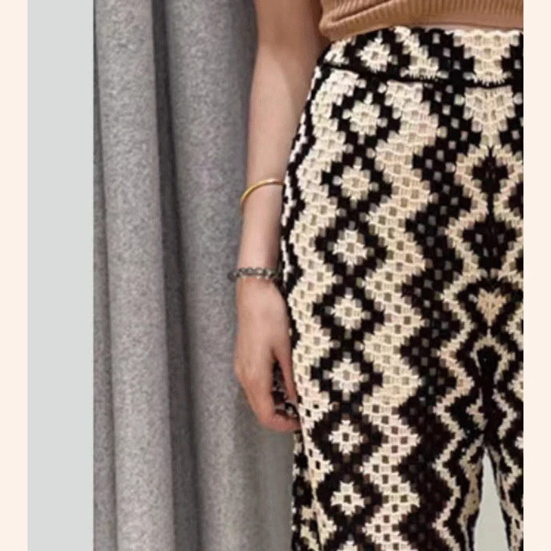 Geometric Crochet Hollow Elastic Waist Straight Casual Trousers Women 2023 Summer New