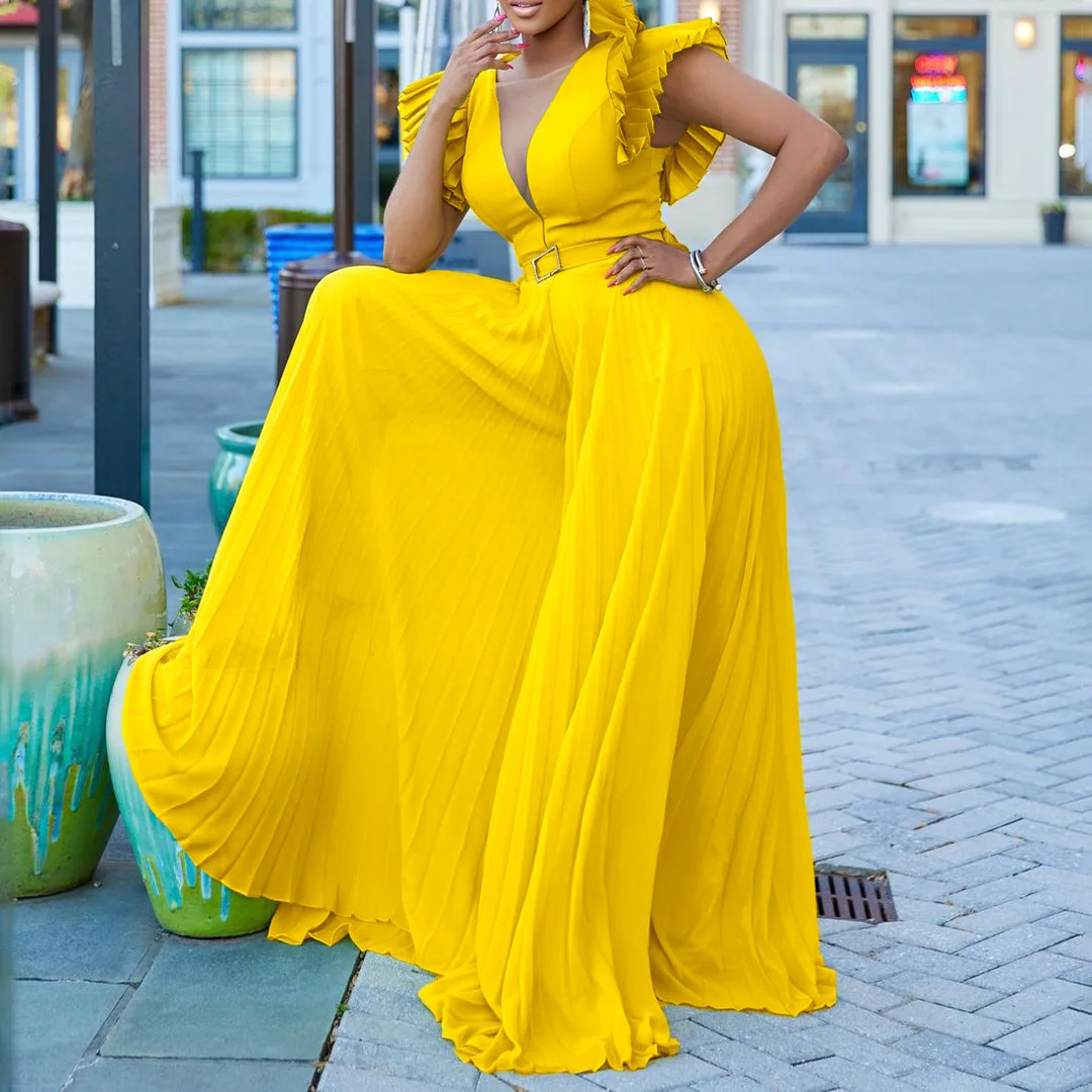 Plus Size Women Long Jumpsuit Puff Sleeve V Neck One Piece Cloth 2023 Summer Fashion Elegant Jumpsuits Female Wide Leg Pants