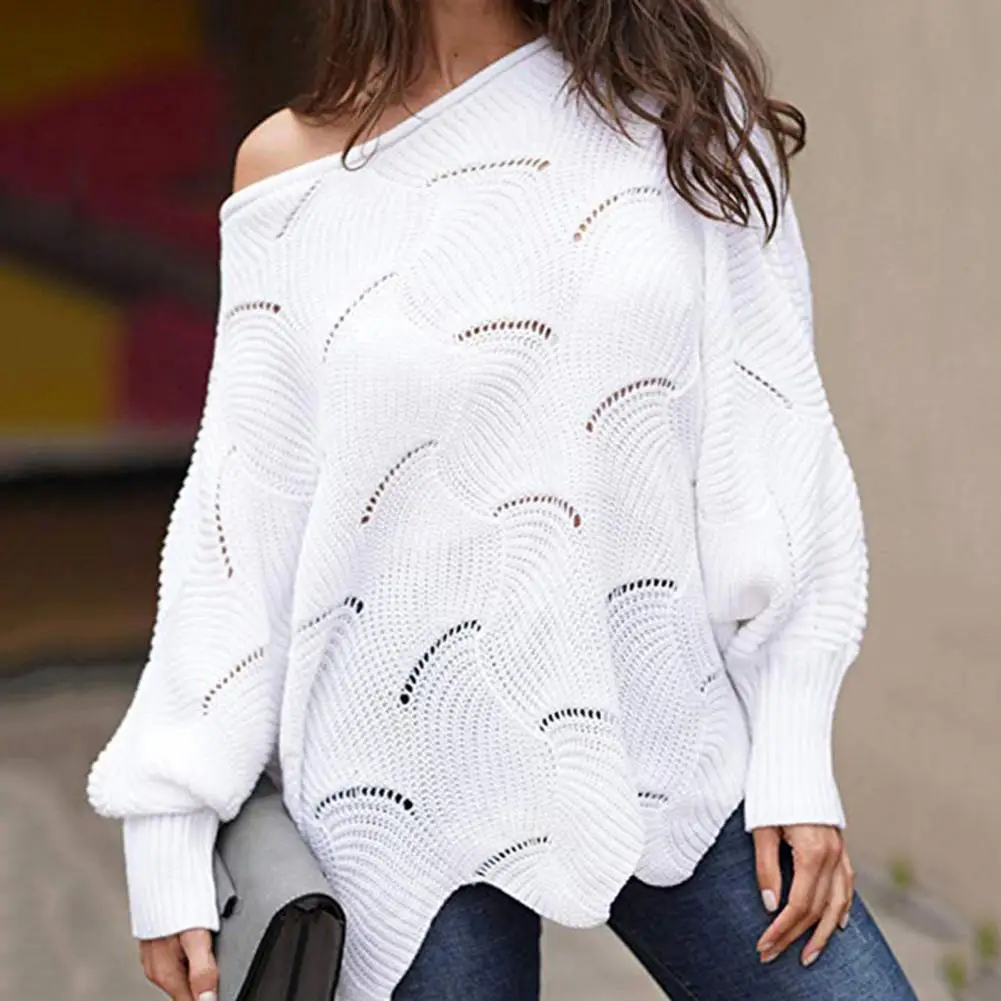

Solid Color Batwing Sleeve Knitted Sweater Flower Edge Hem Hollow O-Neck Women Knitwear for Autumn Winter