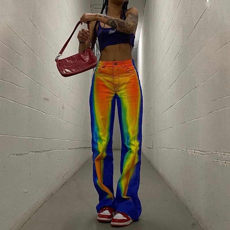 

Low Rise Print Pants Women Baggy Jeans Y2k Vintage Female Streetwear Denim Pants Straight Trousers Casual Boyfriend Pants Women