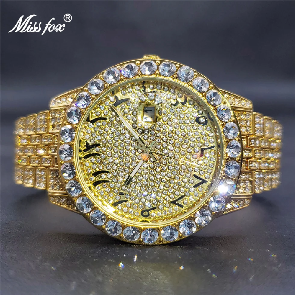 

MISSFOX Luxury Designers Gold Plated Watches For Men Hip Hop Street Style Diamond Bling Watch With Box Waterproof Dropshipping