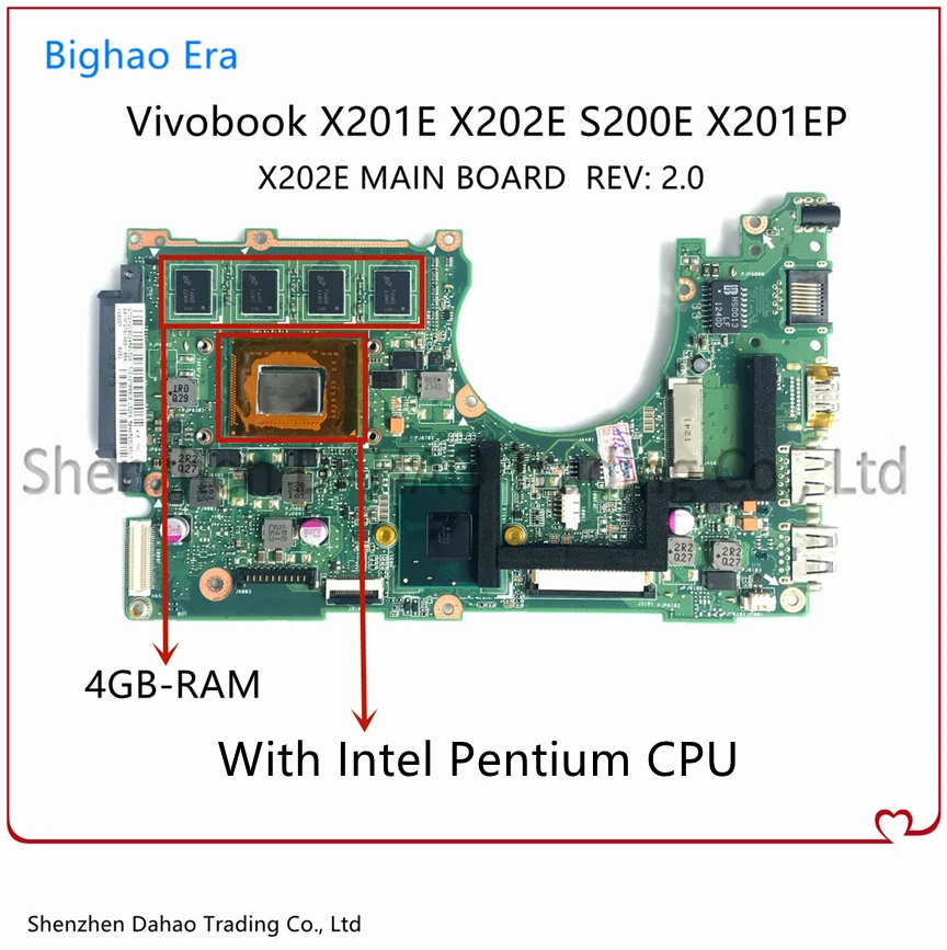 

For Asus X202E X201E S200E X201EP Laptop Motherboard With Pentium CPU RAM-4GB 100% Fully Tested X202E MAIN BOARD REV: 2.0