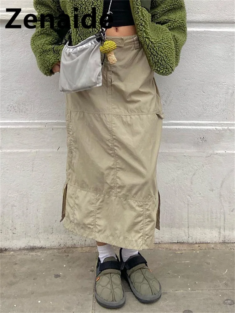 

Zenaide 2022 Summer Low Waist Long Cargo Skirt Y2K Grunge Women Khaki Loose Casual Midi Skirts Aesthetic Vintage