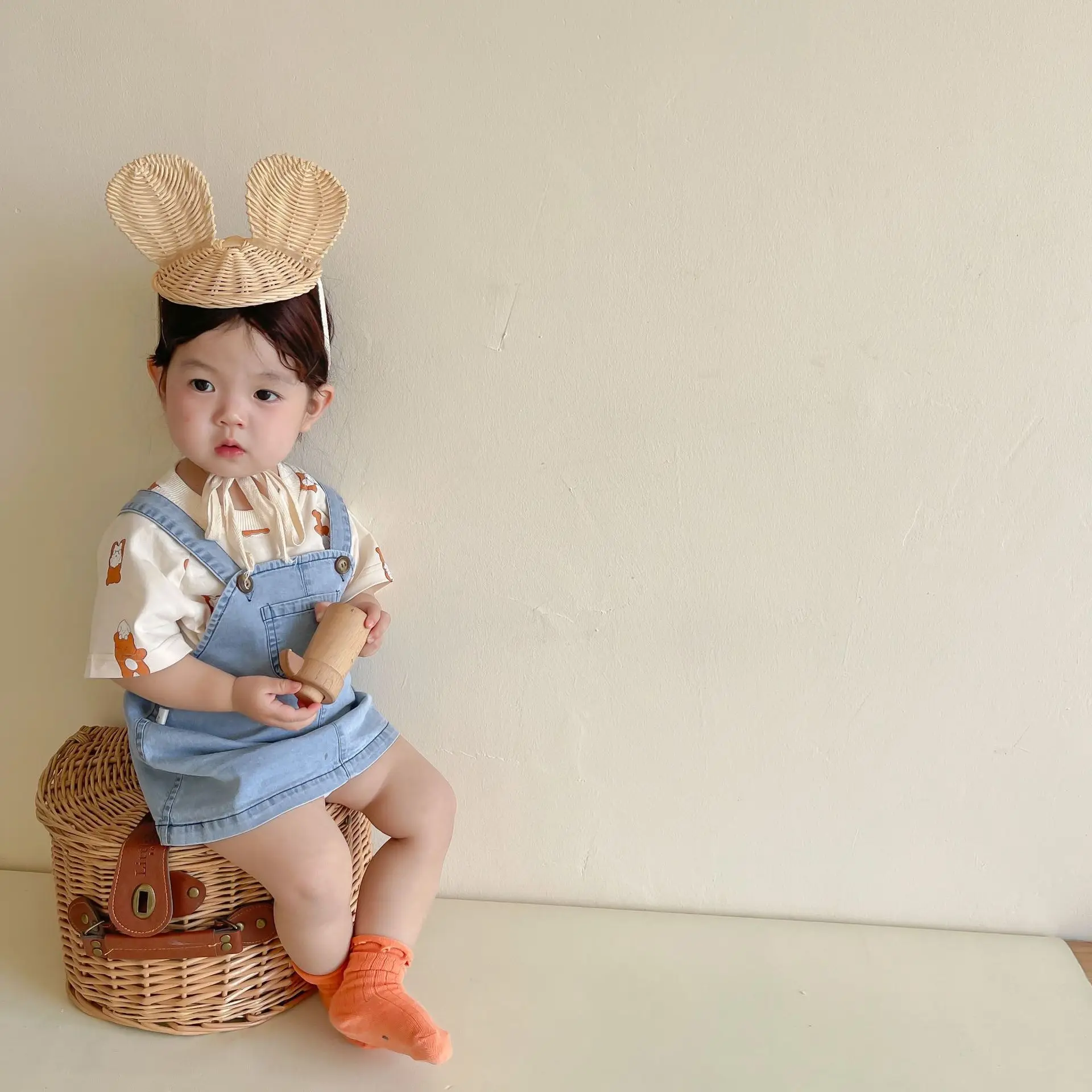 

2022 New Fashion Cartoon Bear Print Clothes Set Summer Shorts Sleeve T-shirt Denim Sling Dress Tpddler Girls Cute Clothes Set