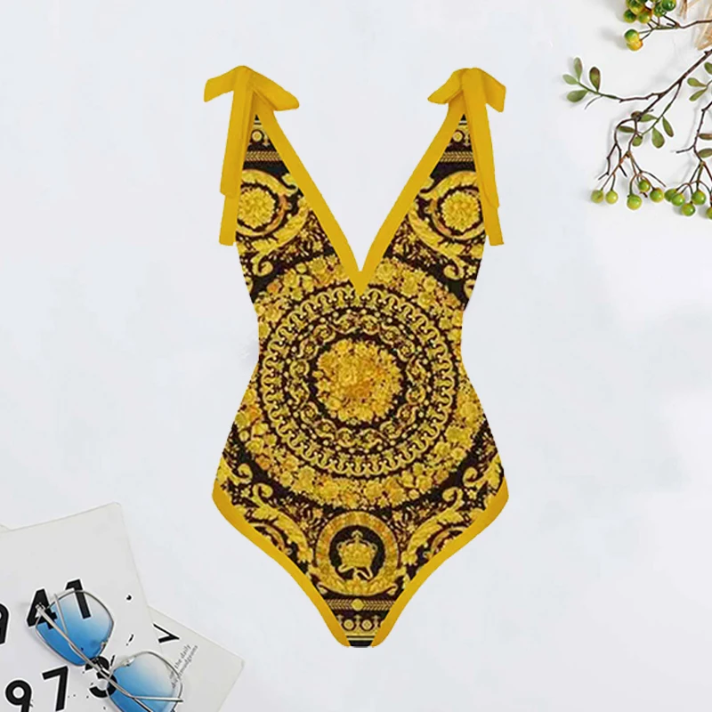 2023 LANSWE Retro Print Deep V One-Piece Swimsuit One-Piece Women Smock Swimwear Two-Piece Suit Summer Beach Wear OP059