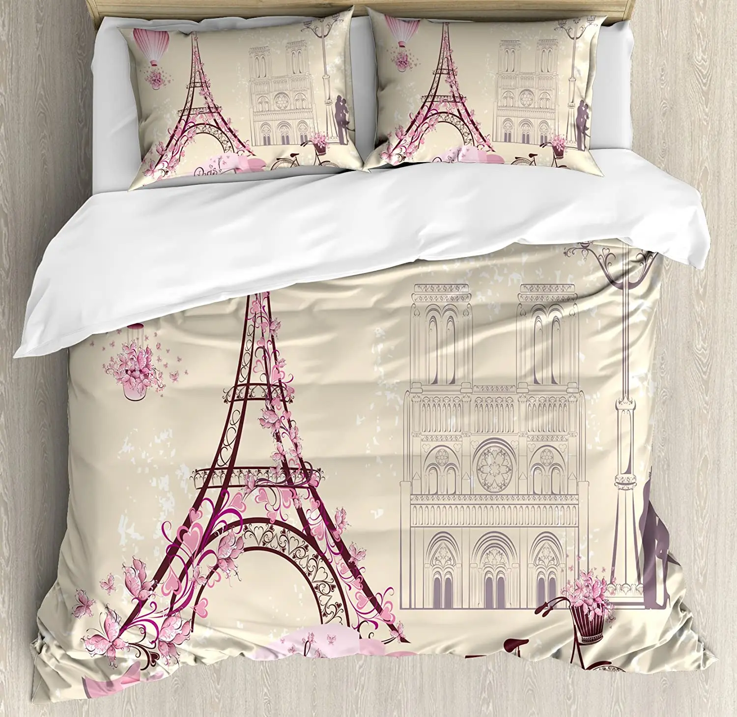 Kiss Bedding Set For Bedroom Bed Home Floral Paris Symbols Landmarks Eiffel Tower Hot Air Duvet Cover Quilt Cover And Pillowcase