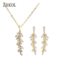 zakol luxury fashion leaf cubic zirconia earrings and necklace jewelry set for women charm wedding accessories gifts sp3407