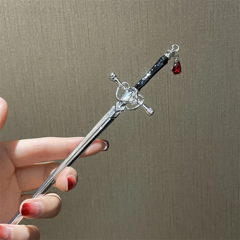 2023 Vintage Punk Chinese Sword Ruby Pendant Hairpin Hair Stick for Women Trendy Personality Metal Tassel Hair Clip Accessories images - 6