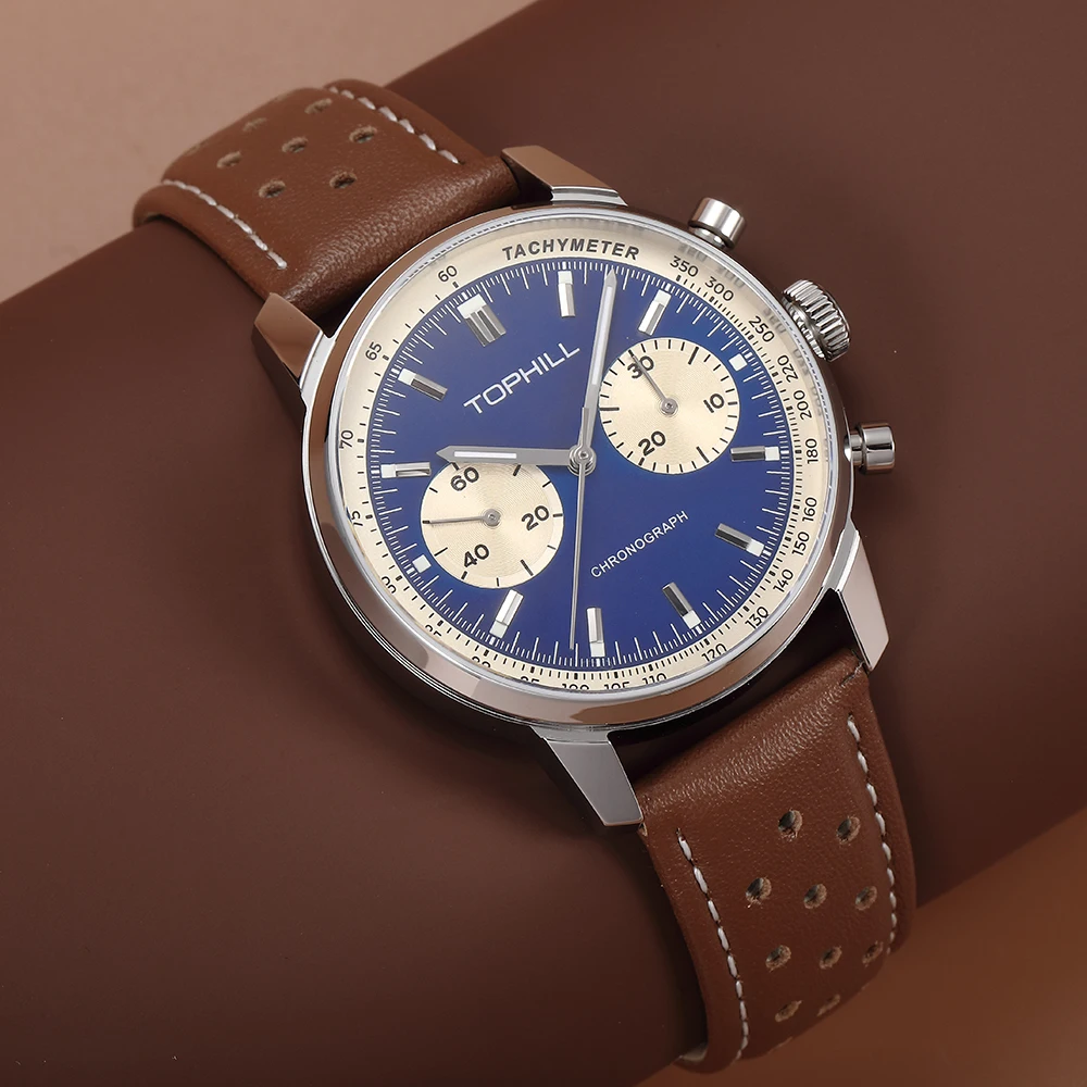 Фото Мужские механические часы TOPHILL Vintage Racing Chronograph ST1901 Seagull Movt. Военный кожаный ремешок Pilot Military с сапфировым стеклом 5ATM TL027G №2