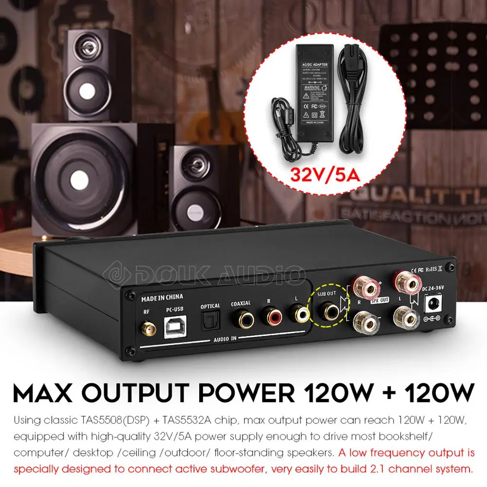 Цифровой усилитель Douk Audio A10 Hi-Fi с Bluetooth 5 0 OPT/COAX встроенный мощности сабвуфер