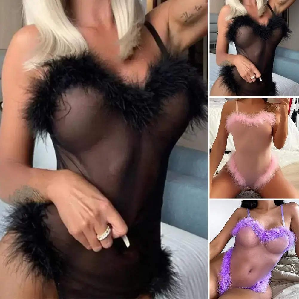 Plush Ultra Thin Spaghetti Strap Sheer Nightclub Playsuit for Honeymoon