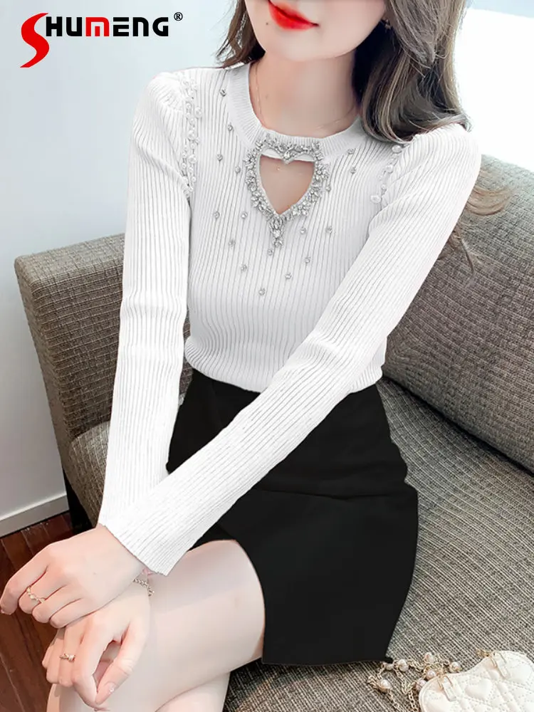 

Elegant Solld Color Love Rhinestone Hollow Puff Sleeve Sweater 2022 Autumn New Women's Slim Fit All-Match Bottoming Shirt Top