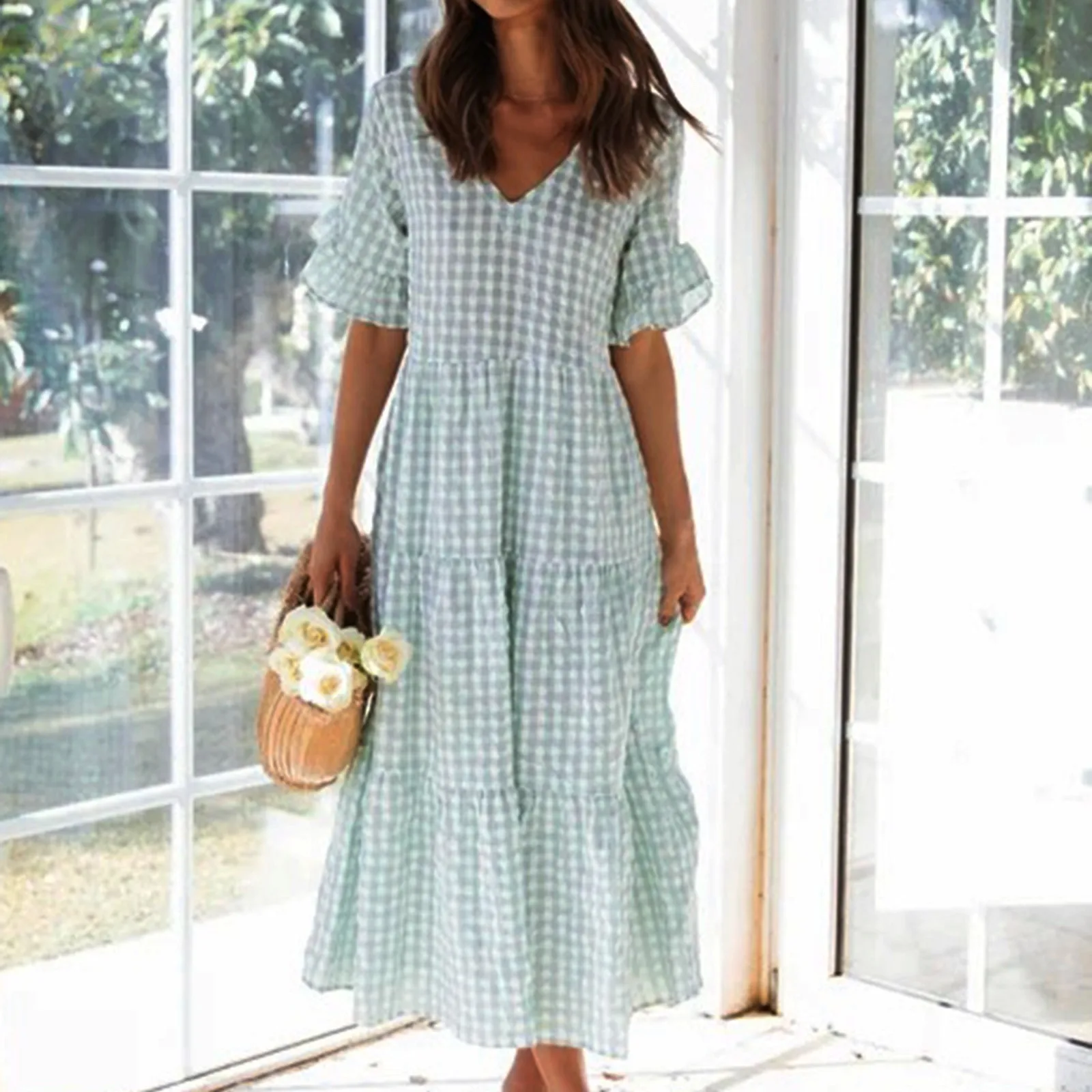 

45# Plaid Printed Short Sleeve Summer Dress Women V-neck Ruffles Flare Sleeve Beach Long Dress High Waist Maxi Dress Robe Femme