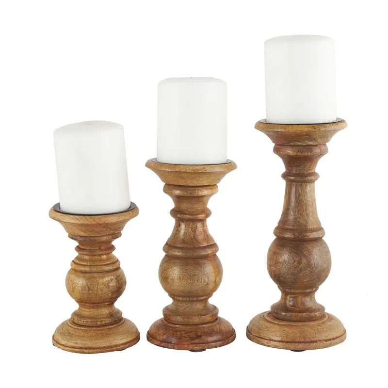 

and Timeless Mango Wood Pillar Candle Holder Set of 3, 4", 8", 10"H, Brown Finish