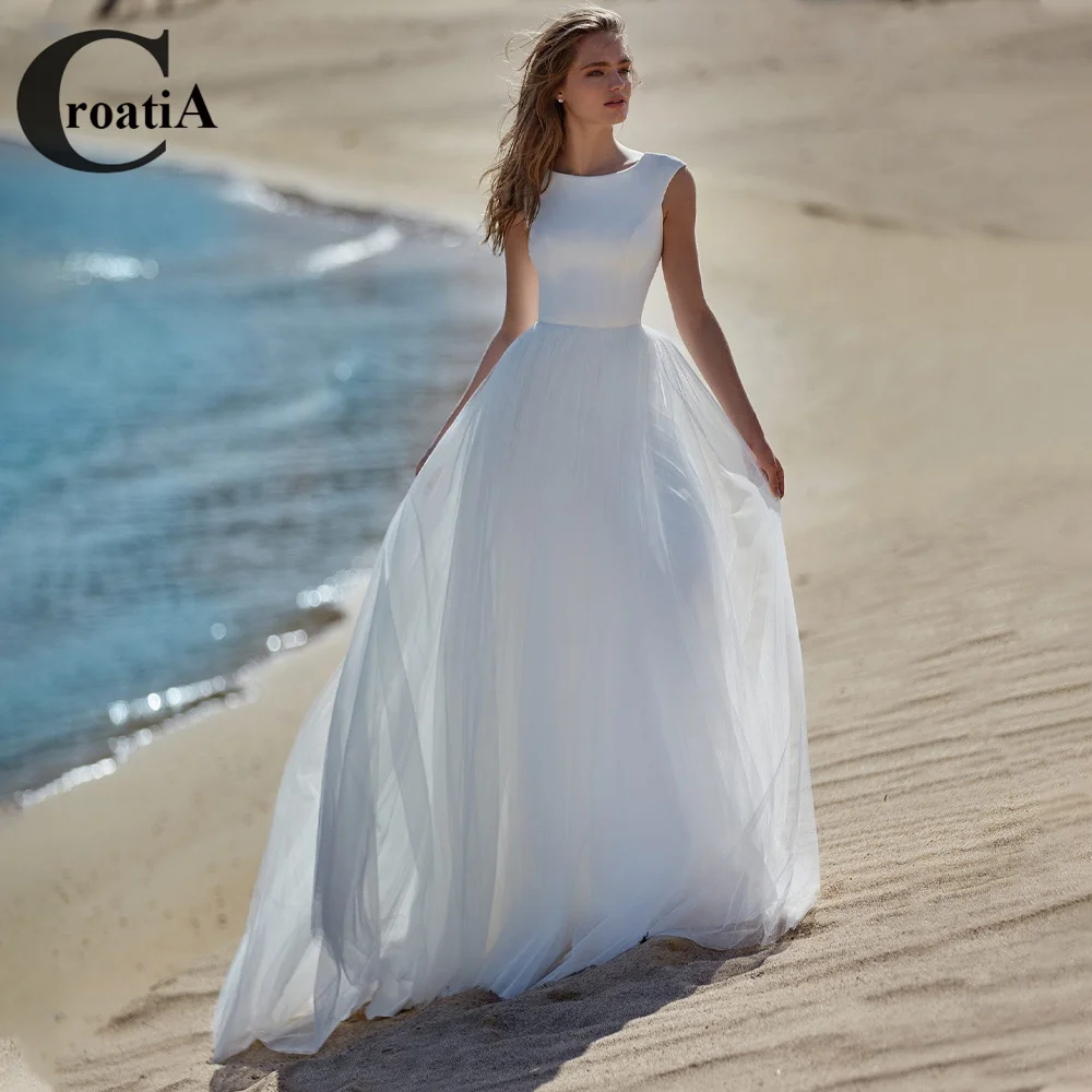 

Croadia O-Neck Backless Wedding Dresses For Mariages Simple Tulle Button Short Sleeve Court Train A-Line Vestido De Casamento