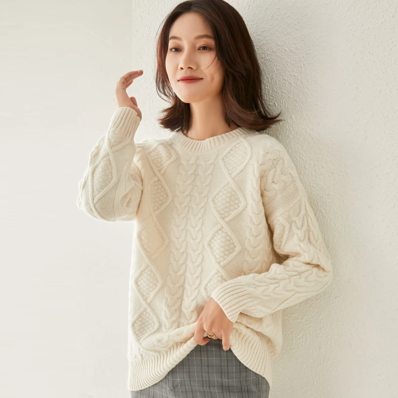 Autumn and Winter New Thickened Women's Crew Neck 100% Pure Woolen Sweater Loose Versatile Cashmere Knitted Undercoat