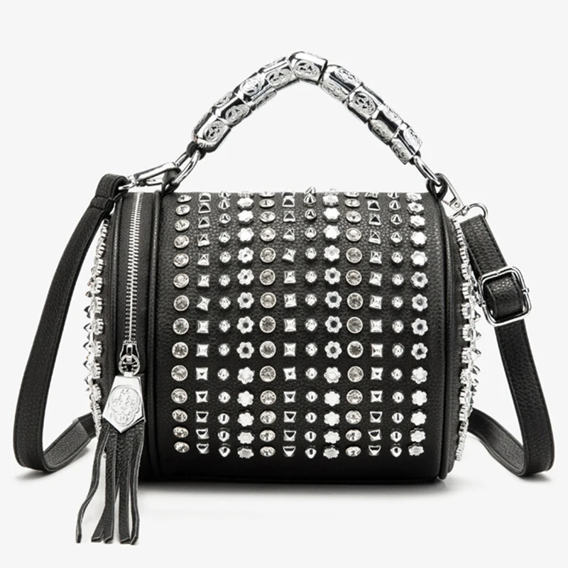 New Rhinestone Tassel Bucket Handbags Luxury Women Top-Handle Purses High Quality Shoulder Rivet Leopard Lady Day Clutches Bags
