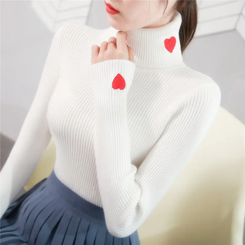 

Knitted Women Sweater Pullovers Heart Embroidery Turtleneck Autumn Winter Basic Bottoming Women's Fit Soft Warm Jumper M32